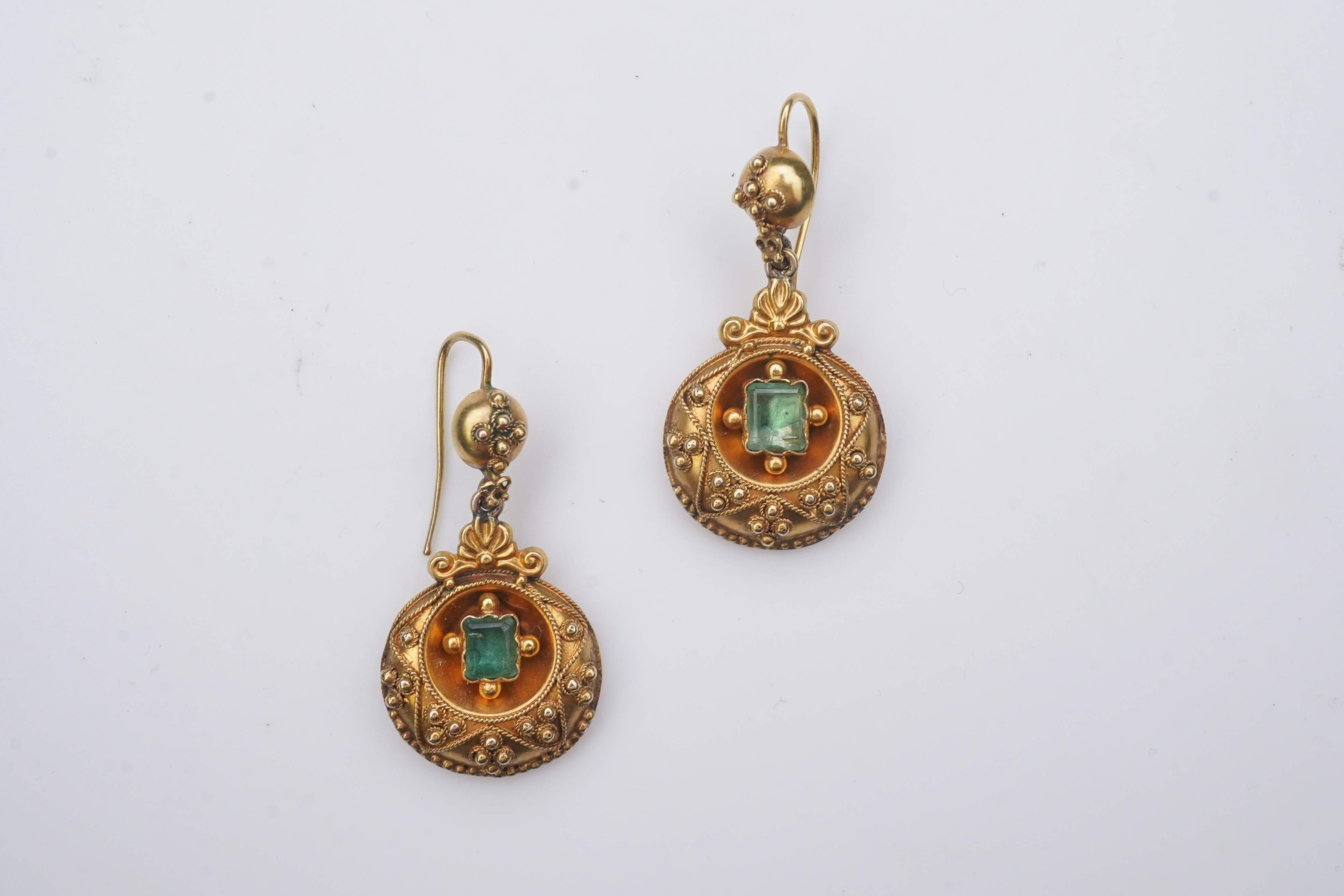 A pair of Victorian emerald and gold earrings, third quarter 19th century